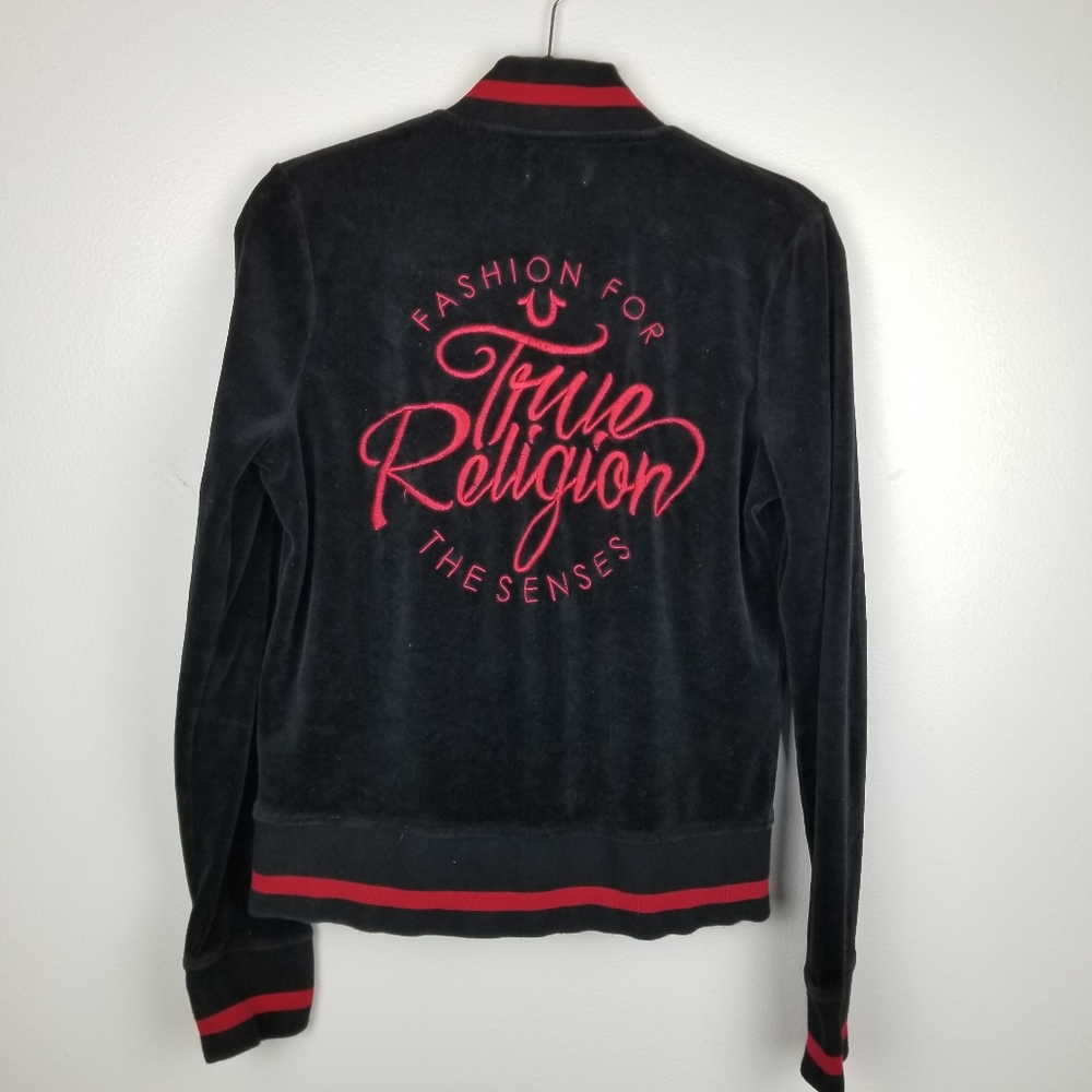 True Religion Black Y2k Style Spellout Velour Zip Front Light Bomber Jacket M